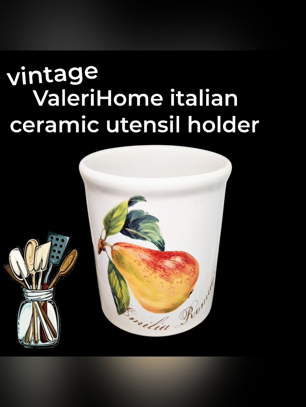 Vintage ceramic ValeriHome utensil holder with pear motif Emelia Romagna